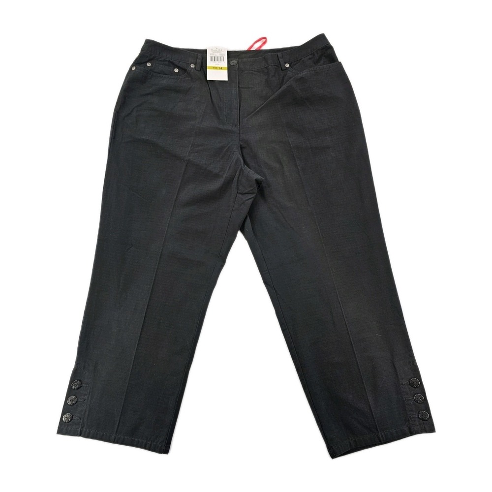 NEW Ruby Rd Ripstop Capri Pants Women's 14 Black Straight Leg Crop Buttons 29100